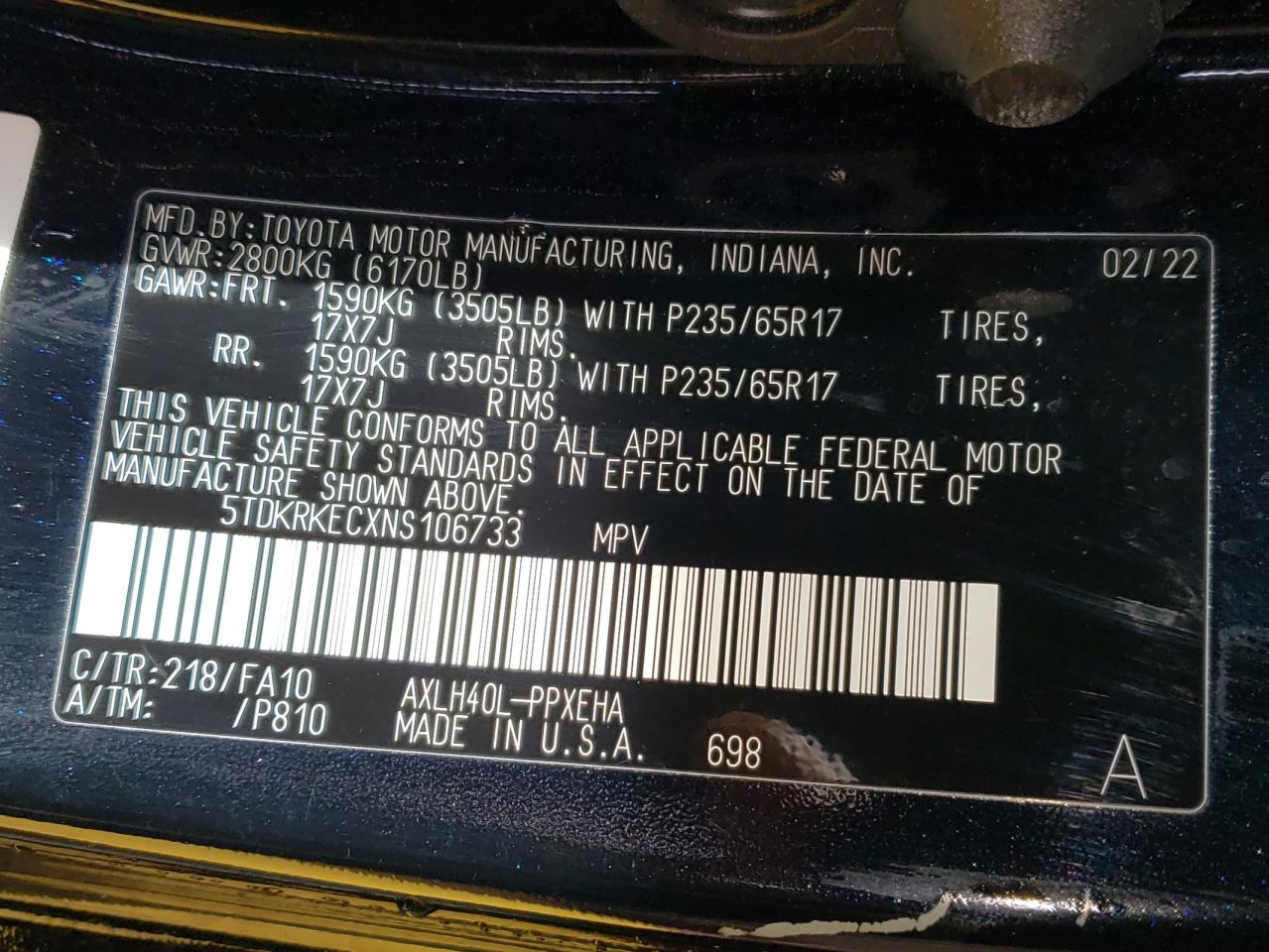 2022 Toyota Sienna VIN 5TDKRKECXNS106733 Copart auction photo, front end / side damage thumbnail 14