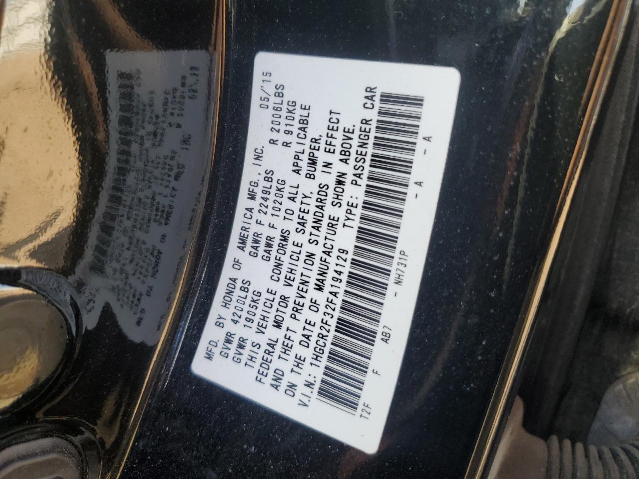 2015 Honda Accord VIN 1HGCR2F32FA194129 Copart auction photo, front end / minor dent/scratches damage thumbnail 14