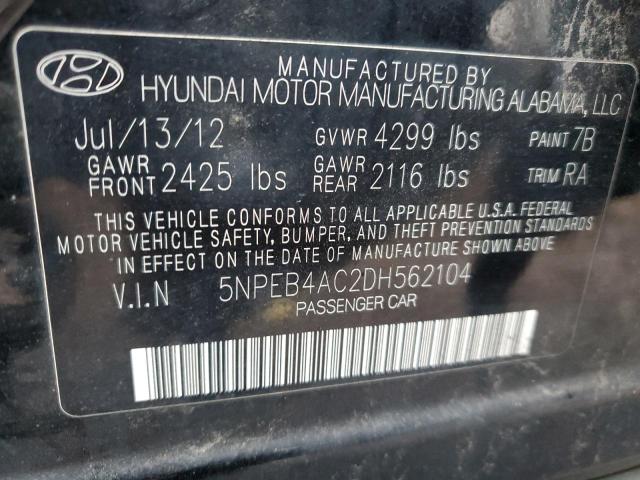 2013 Hyundai Sonata VIN 5NPEB4AC2DH562104 Copart auction photo, vandalism damage thumbnail 12
