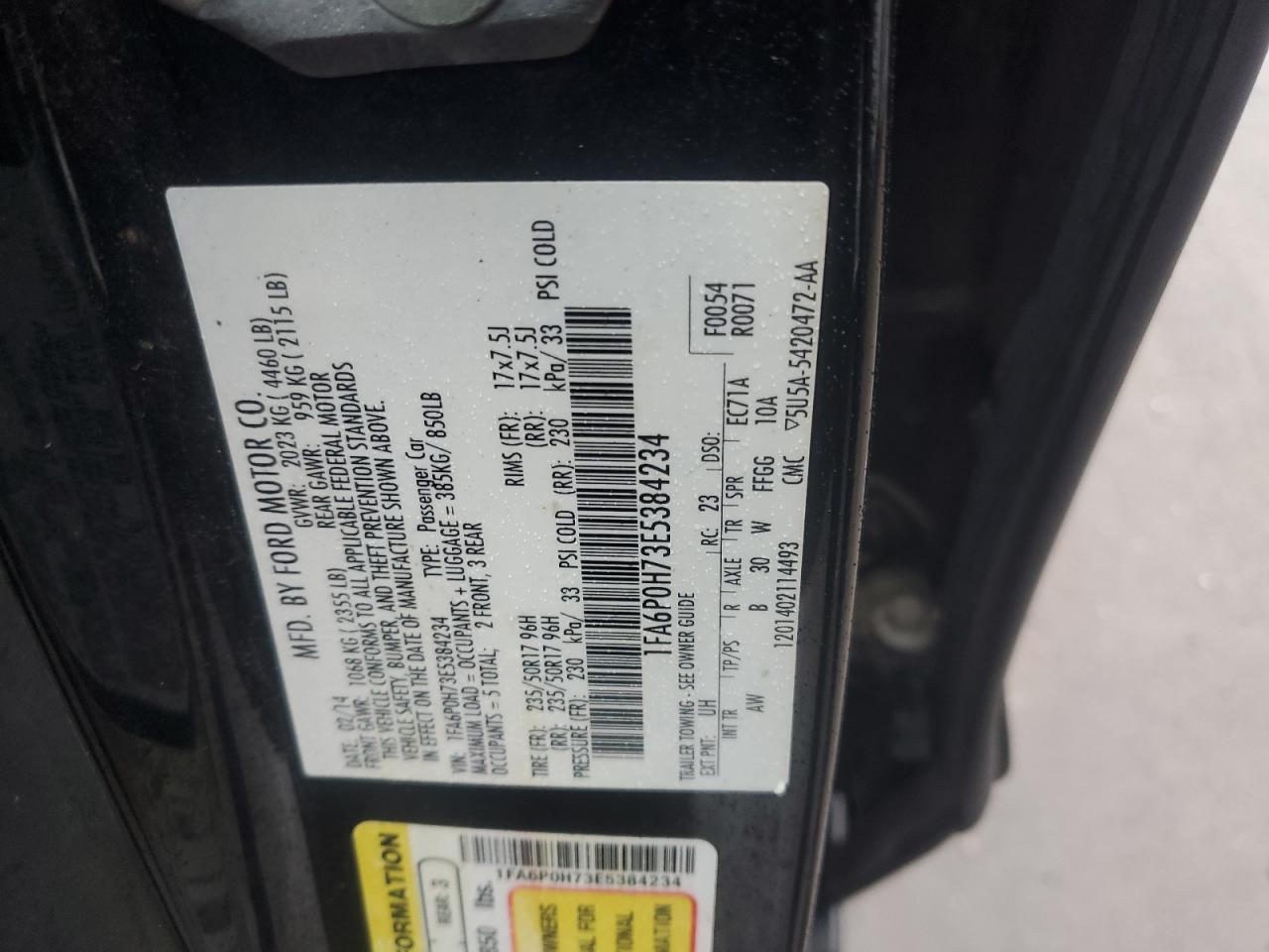 2014 Ford Fusion VIN 1FA6P0H73E5384234 Copart auction photo, front end damage thumbnail 12