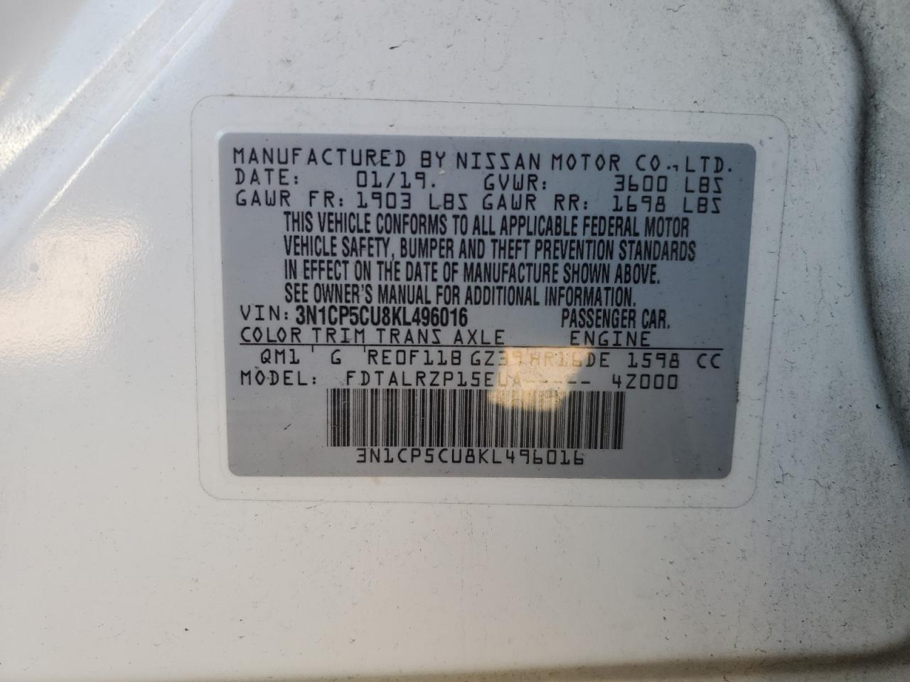 2019 Nissan Kicks VIN 3N1CP5CU8KL496016 Copart auction photo, front end / side damage thumbnail 13