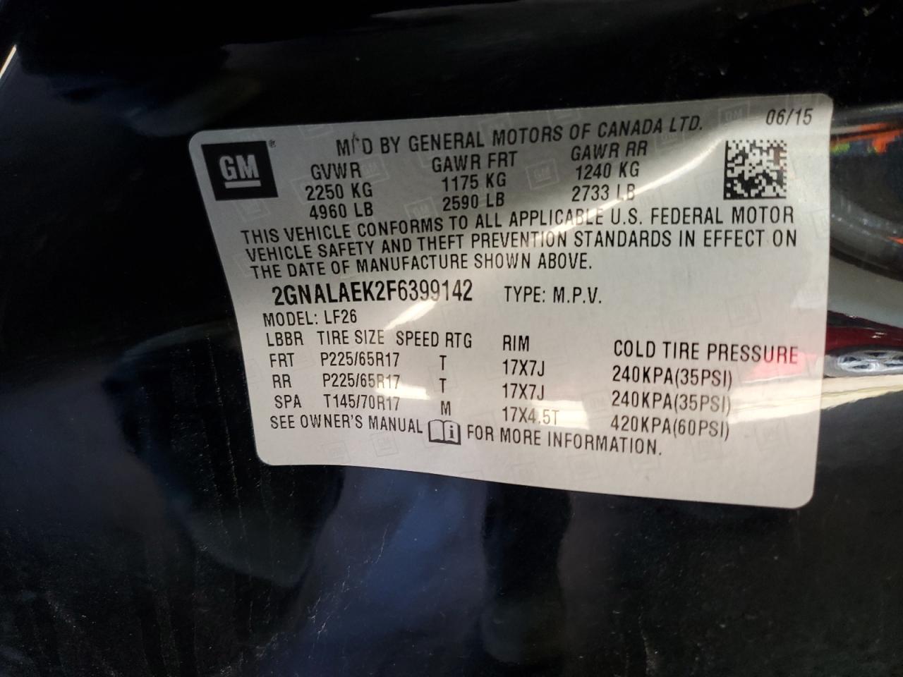 2015 Chevrolet Equinox VIN 2GNALAEK2F6399142 Copart auction photo, side damage thumbnail 13