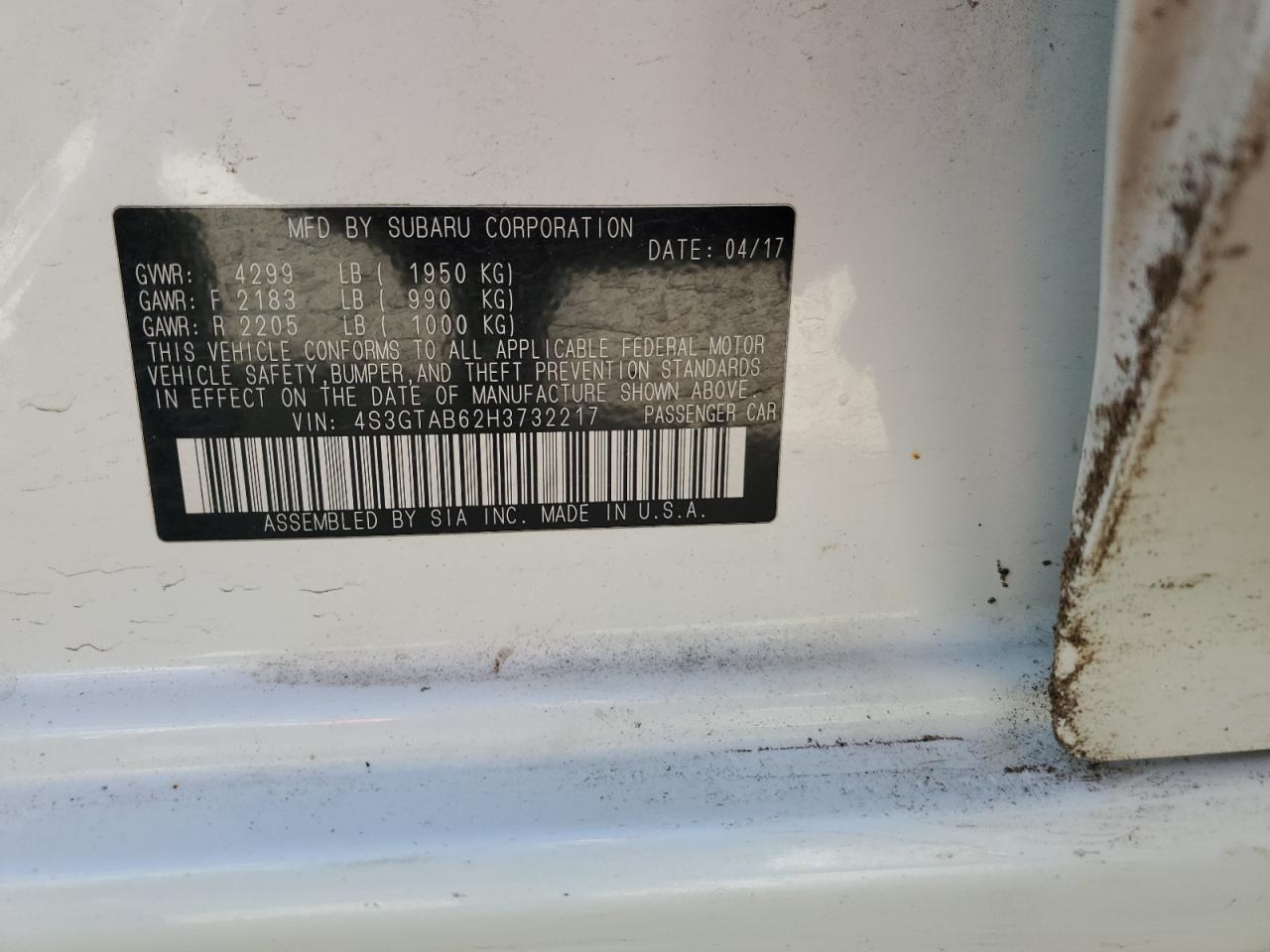 2017 Subaru Impreza VIN 4S3GTAB62H3732217 Copart auction photo, all over damage thumbnail 14