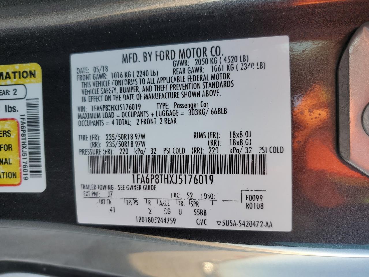 2018 Ford Mustang VIN 1FA6P8THXJ5176019 Copart auction photo, front end damage thumbnail 13