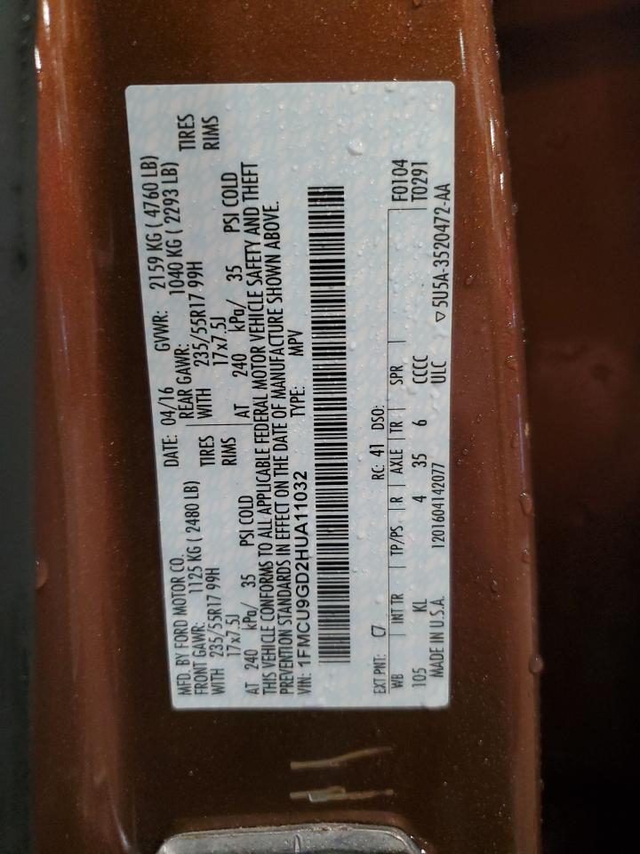 2017 Ford Escape VIN 1FMCU9GD2HUA11032 Copart auction photo, front end / mechanical damage thumbnail 14