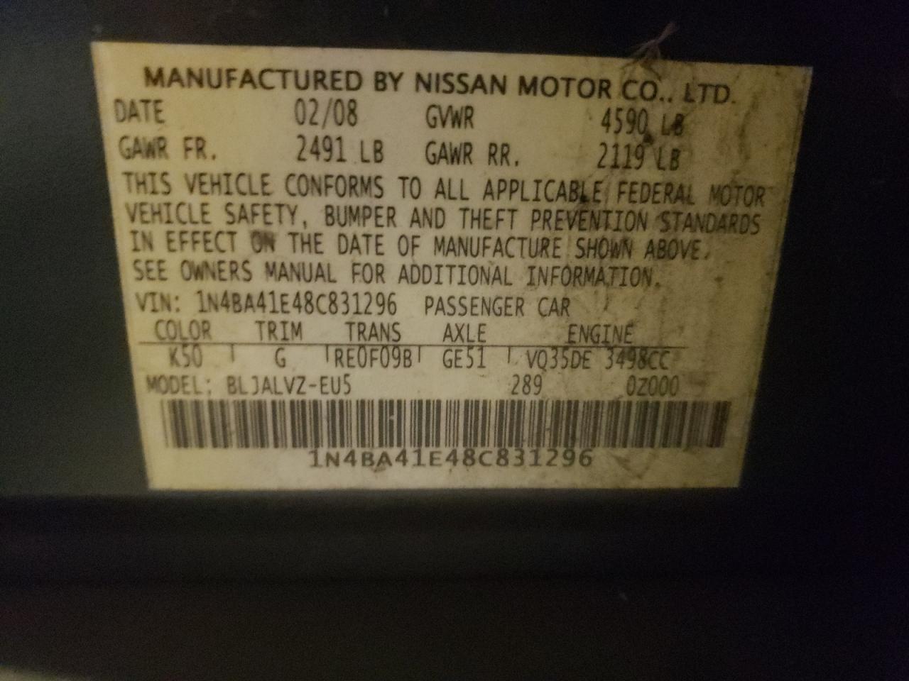 2008 Nissan Maxima VIN 1N4BA41E48C831296 Copart auction photo, all over damage thumbnail 12