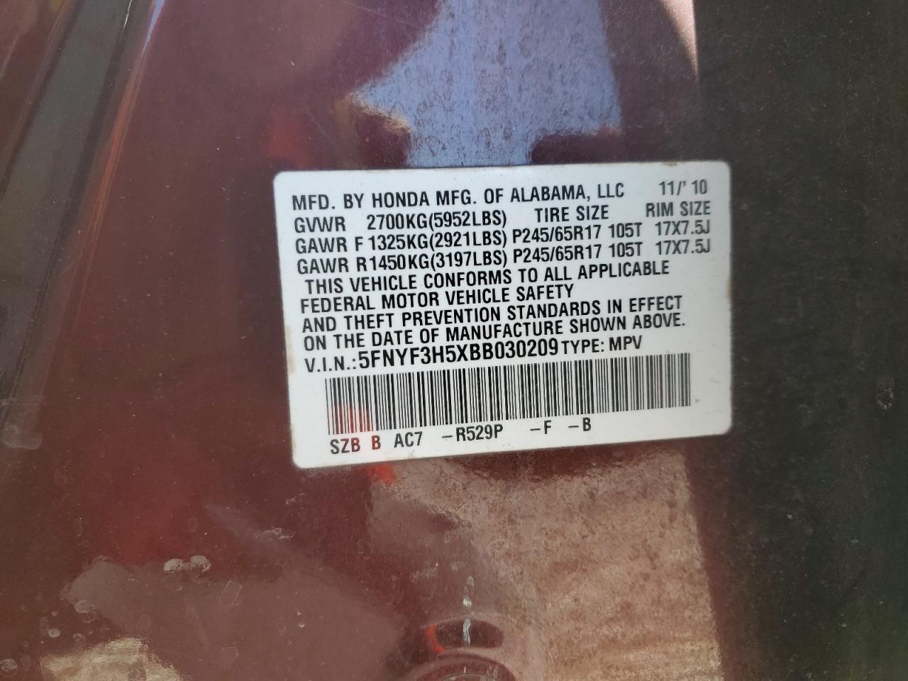 2011 Honda Pilot VIN 5FNYF3H5XBB030209 Copart auction photo, front end damage thumbnail 13