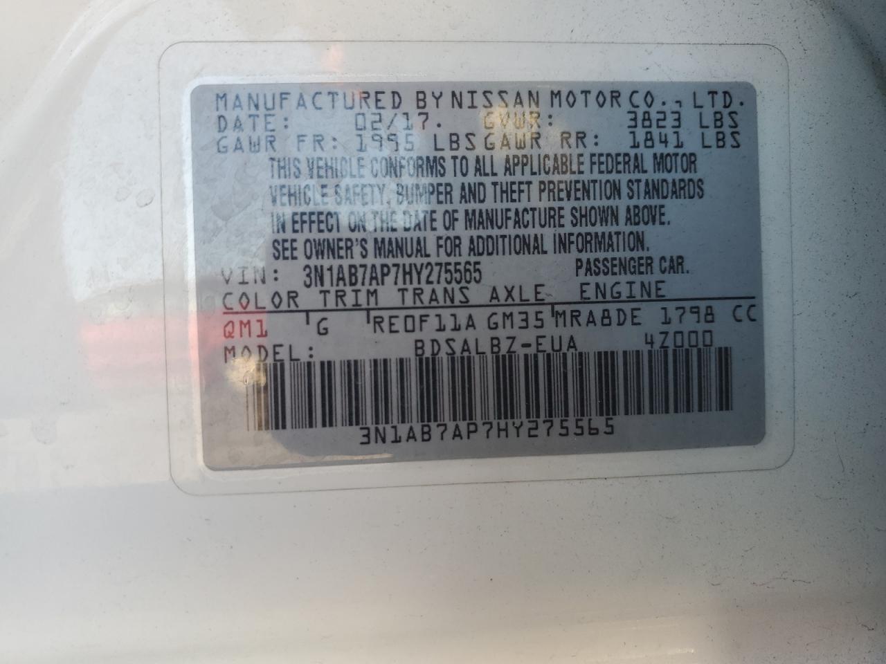 2017 Nissan Sentra VIN 3N1AB7AP7HY275565 Copart auction photo, front end / rear end damage thumbnail 13