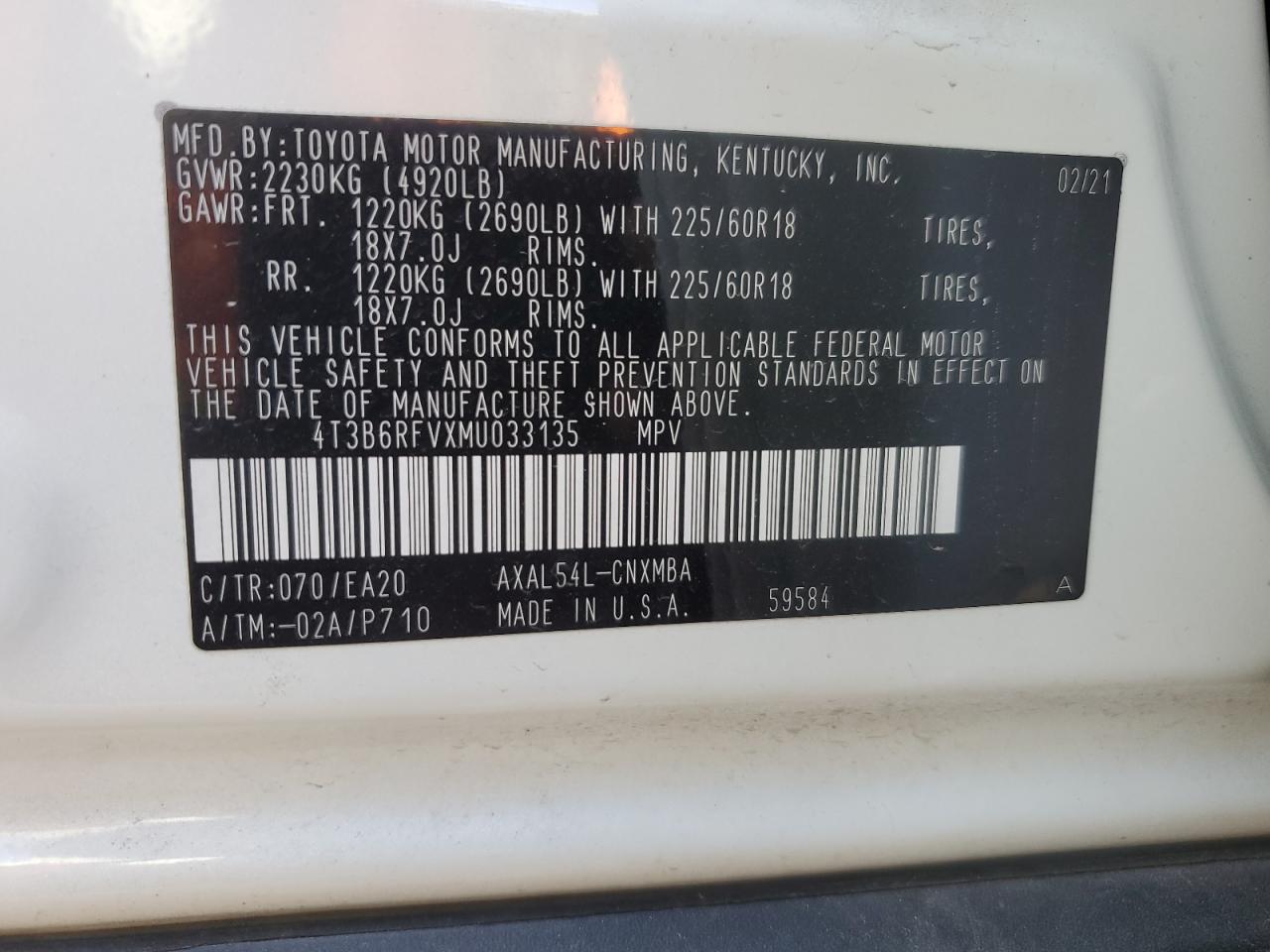 2021 Toyota RAV 4 VIN 4T3B6RFVXMU033135 Copart auction photo, front end damage thumbnail 12
