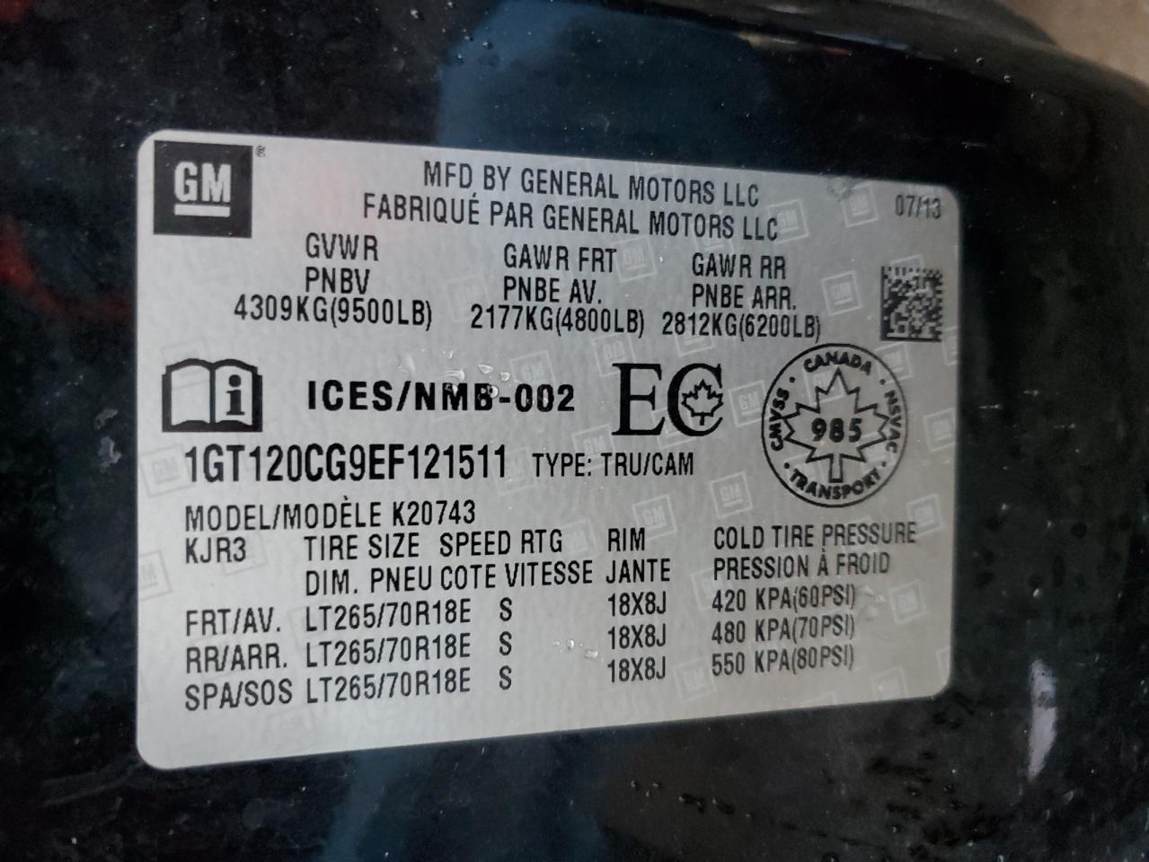 2014 GMC Sierra VIN 1GT120CG9EF121511 Copart auction photo, front end / side damage thumbnail 13
