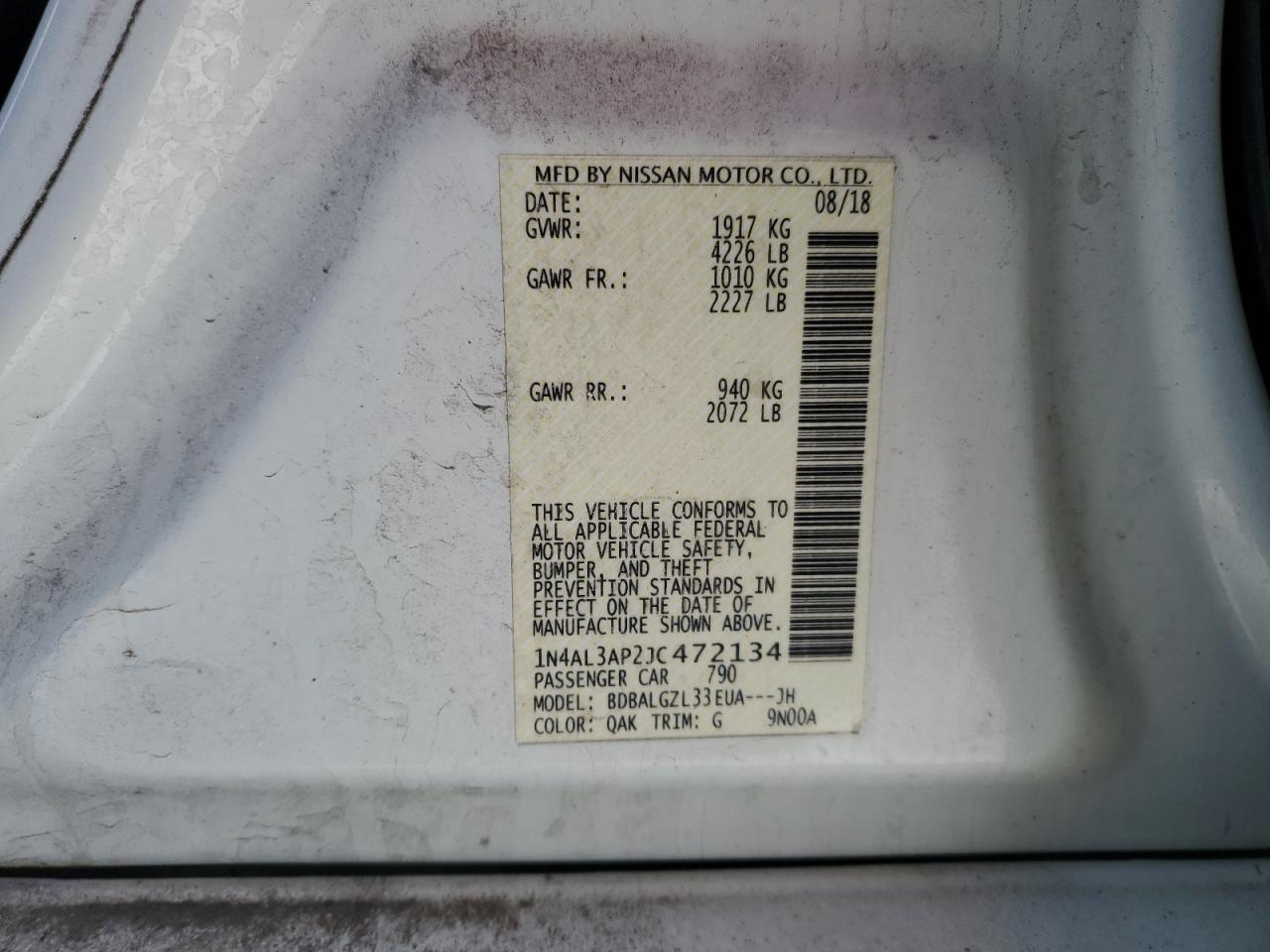 2018 Nissan Altima VIN 1N4AL3AP2JC472134 Copart auction photo, front end damage thumbnail 12