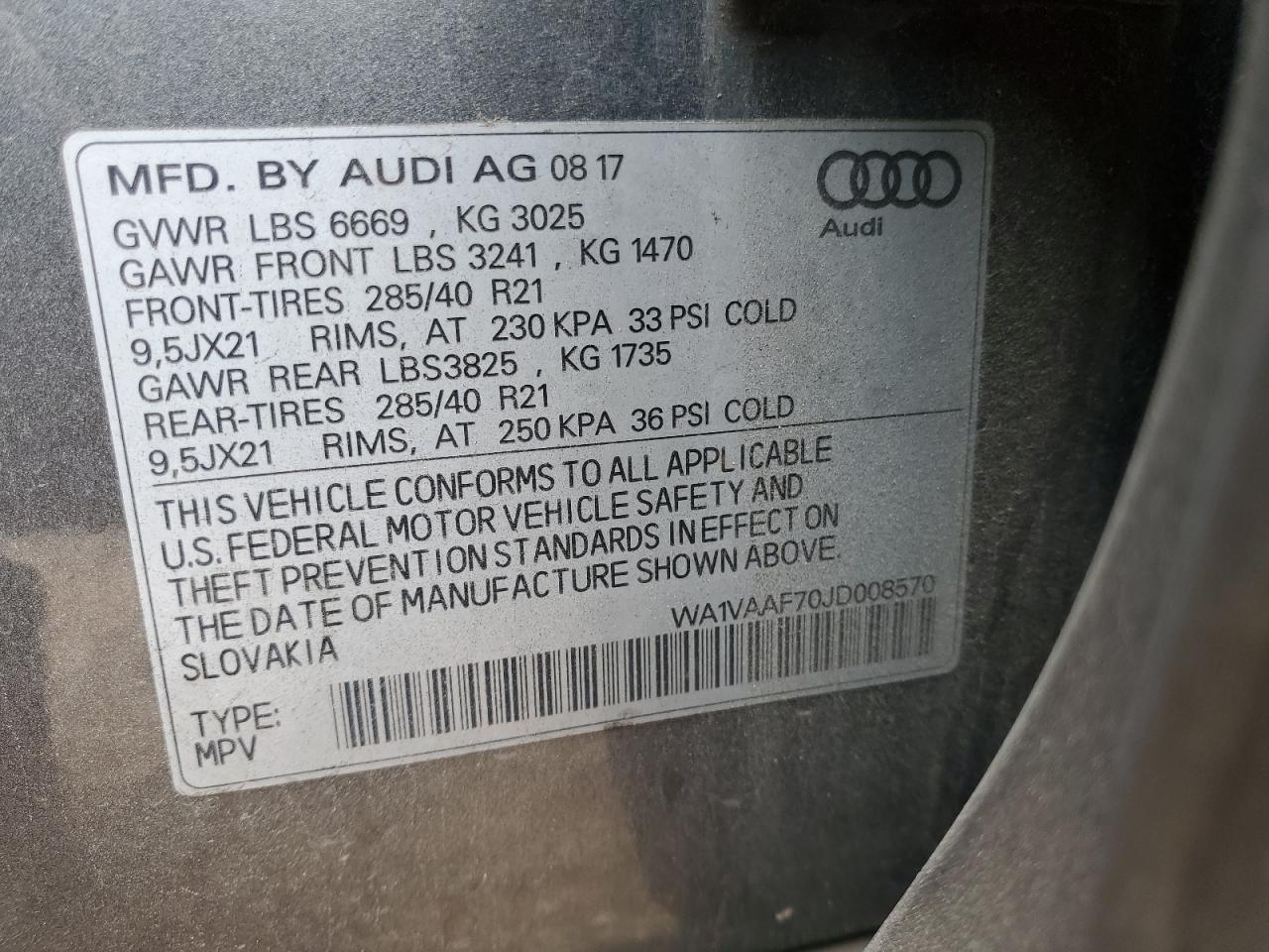 2018 Audi Q7 VIN WA1VAAF70JD008570 Copart auction photo, all over damage thumbnail 13