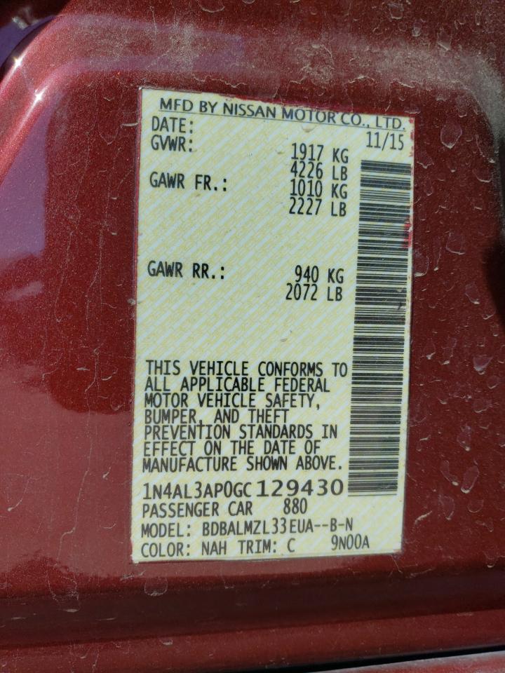 2016 Nissan Altima VIN 1N4AL3AP0GC129430 Copart auction photo, front end damage thumbnail 13