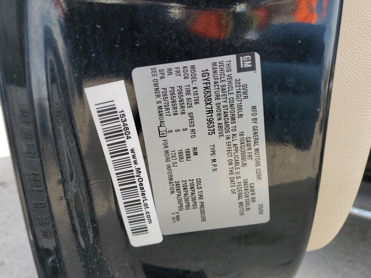 2007 Cadillac Escalade VIN 1GYFK638X7R196375 Copart auction photo, front end / mechanical damage thumbnail 13