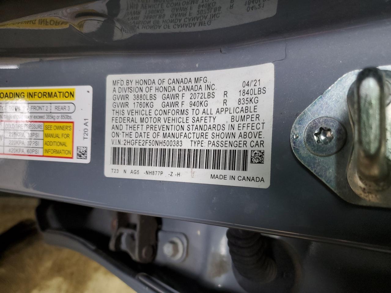 2022 Honda Civic VIN 2HGFE2F50NH500383 Copart auction photo, front end / top/roof damage thumbnail 14