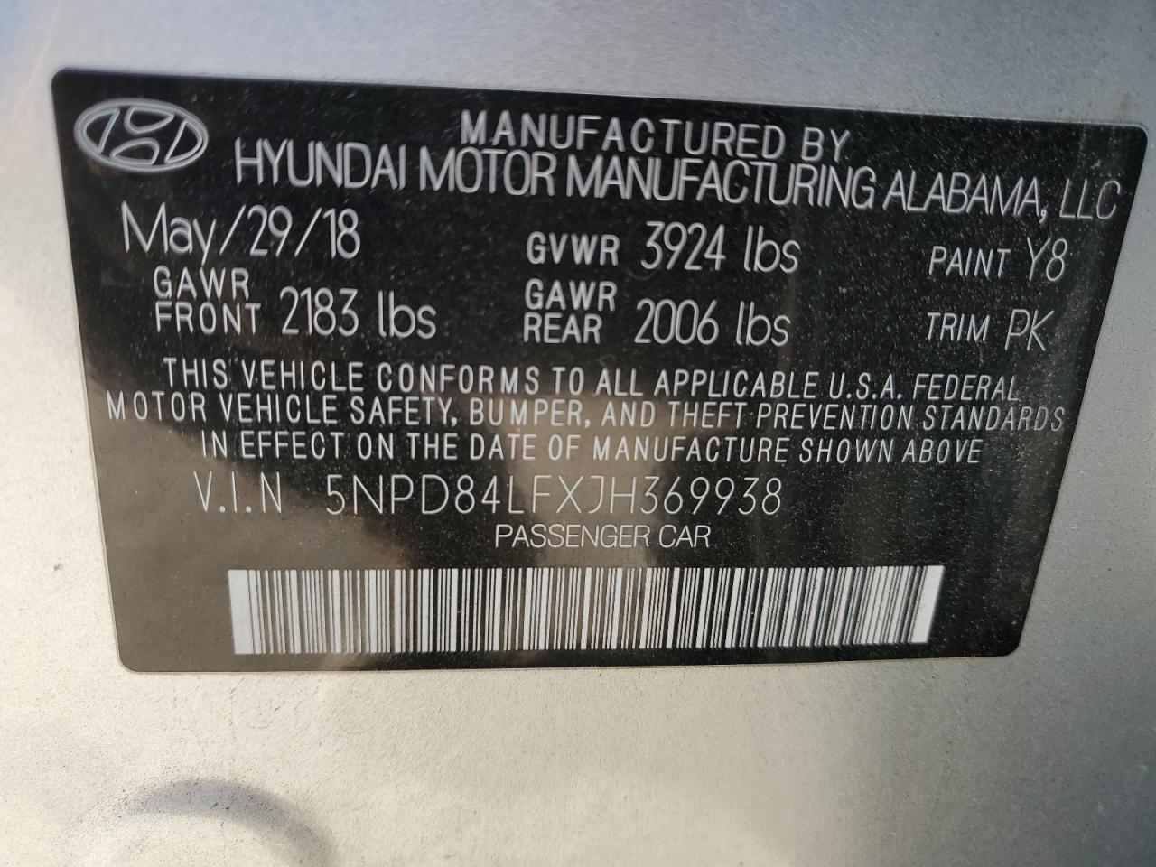 2018 Hyundai Elantra VIN 5NPD84LFXJH369938 Copart auction photo, front end damage thumbnail 12