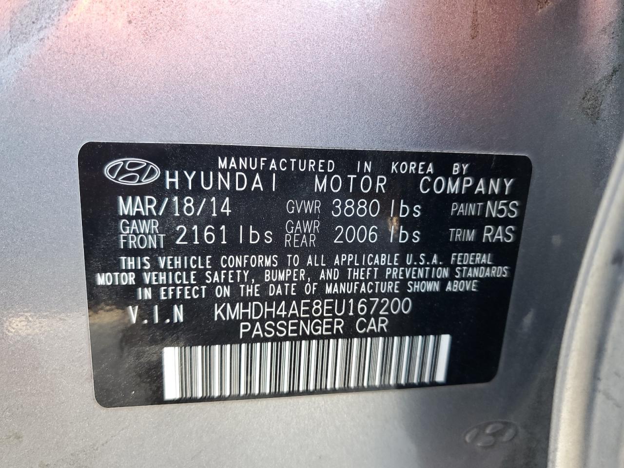 2014 Hyundai Elantra VIN KMHDH4AE8EU167200 Copart auction photo, front end / rear end damage thumbnail 13