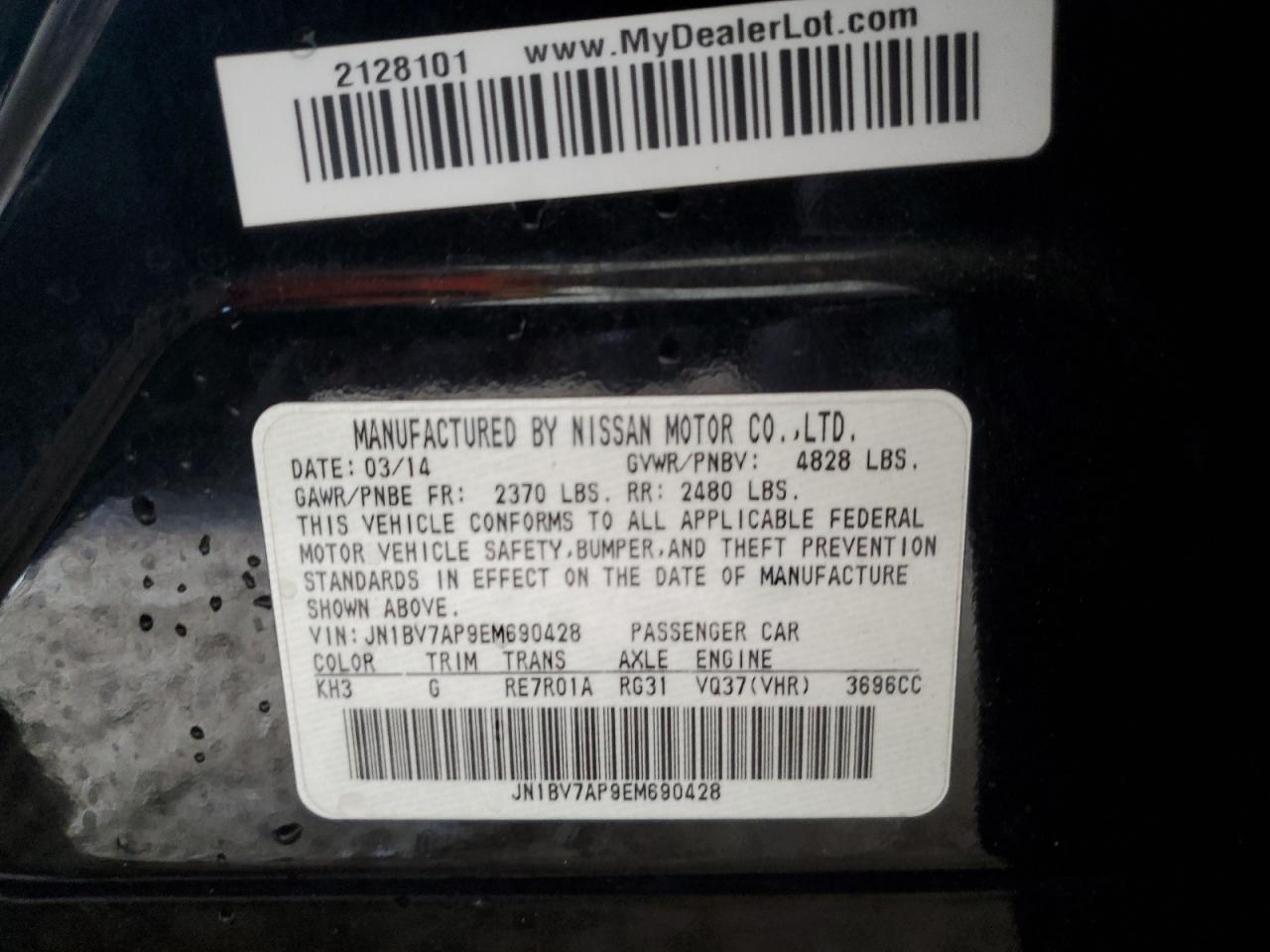 2014 Infiniti Q50 VIN JN1BV7AP9EM690428 Copart auction photo, side damage thumbnail 13