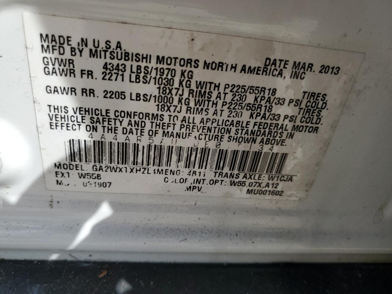 2013 Mitsubishi Outlander VIN 4A4AR5AU7DE018134 Copart auction photo, minor dent/scratches damage thumbnail 14