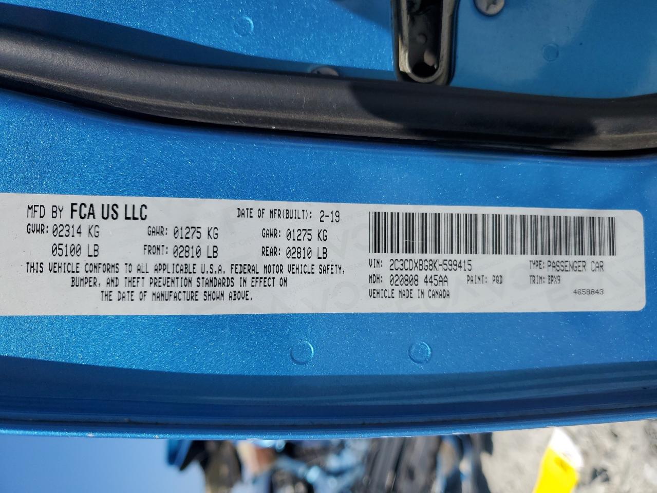 2019 Dodge Charger VIN 2C3CDXBG8KH599415 Copart auction photo, all over damage thumbnail 14