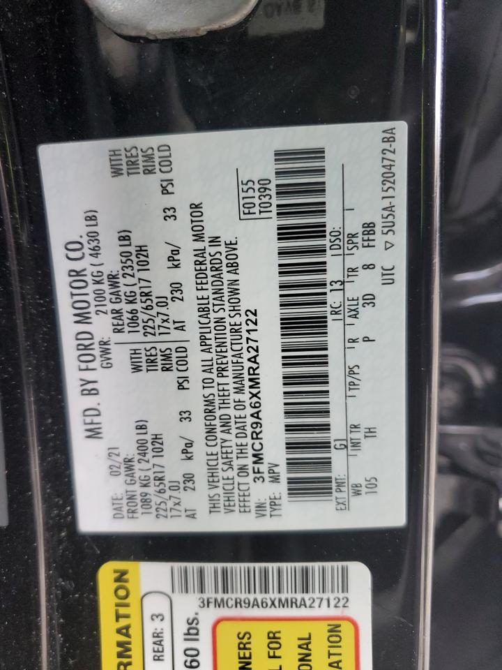 2021 Ford Bronco VIN 3FMCR9A6XMRA27122 Copart auction photo, front end / side damage thumbnail 15