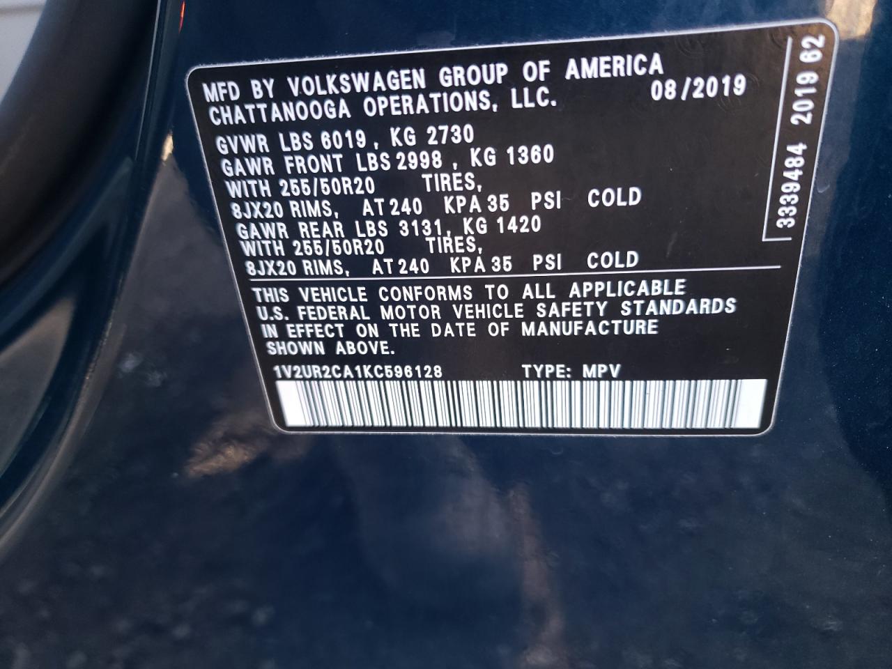 2019 Volkswagen Atlas VIN 1V2UR2CA1KC596128 Copart auction photo, rear end damage thumbnail 13