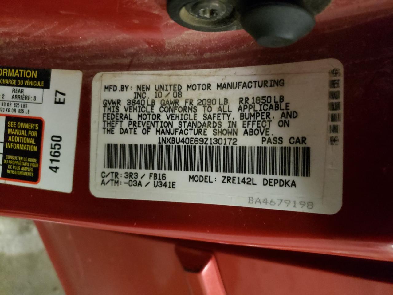 2009 Toyota Corolla VIN 1NXBU40E69Z130172 Copart auction photo, front end damage thumbnail 12