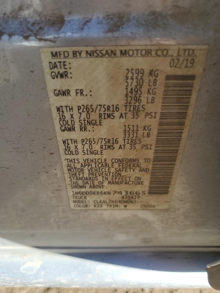 2019 Nissan Navara (Frontier) VIN 1N6DD0ER6KN743665 Copart auction photo, front end / side damage thumbnail 14