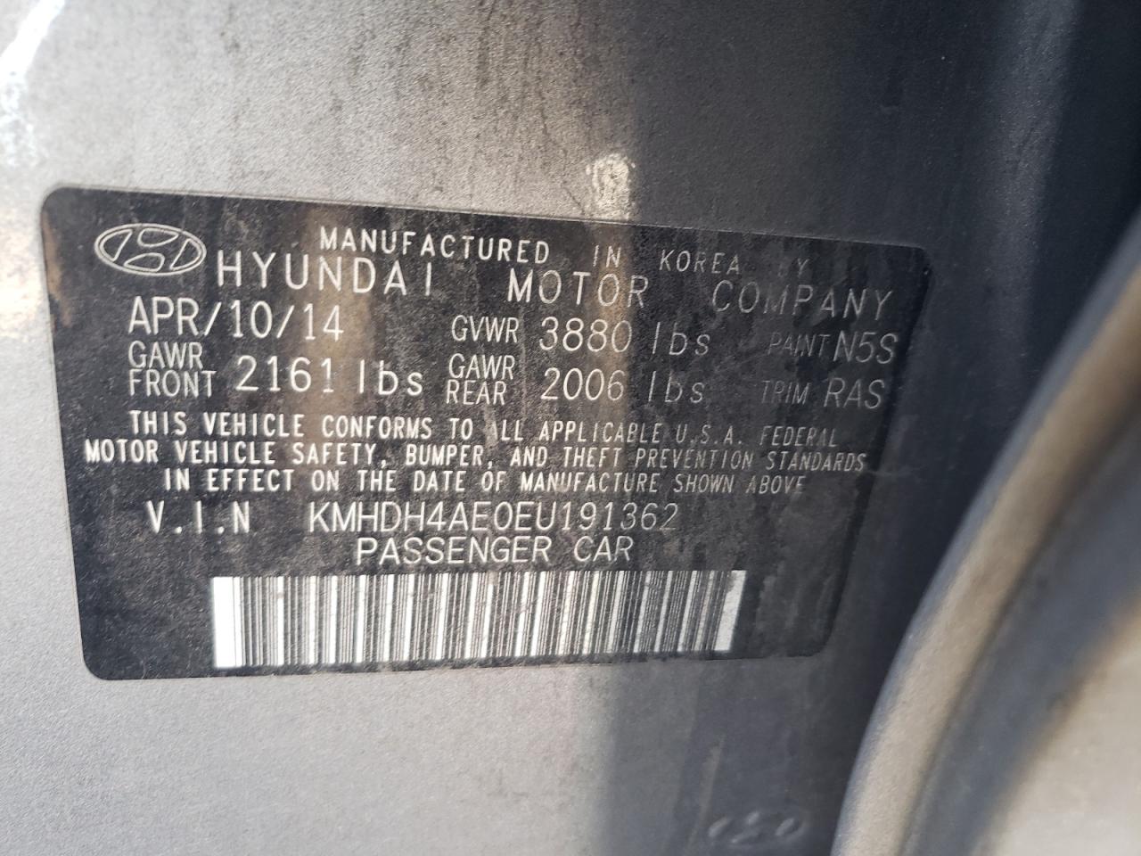 2014 Hyundai Elantra VIN KMHDH4AE0EU191362 Copart auction photo, rear end / mechanical damage thumbnail 12