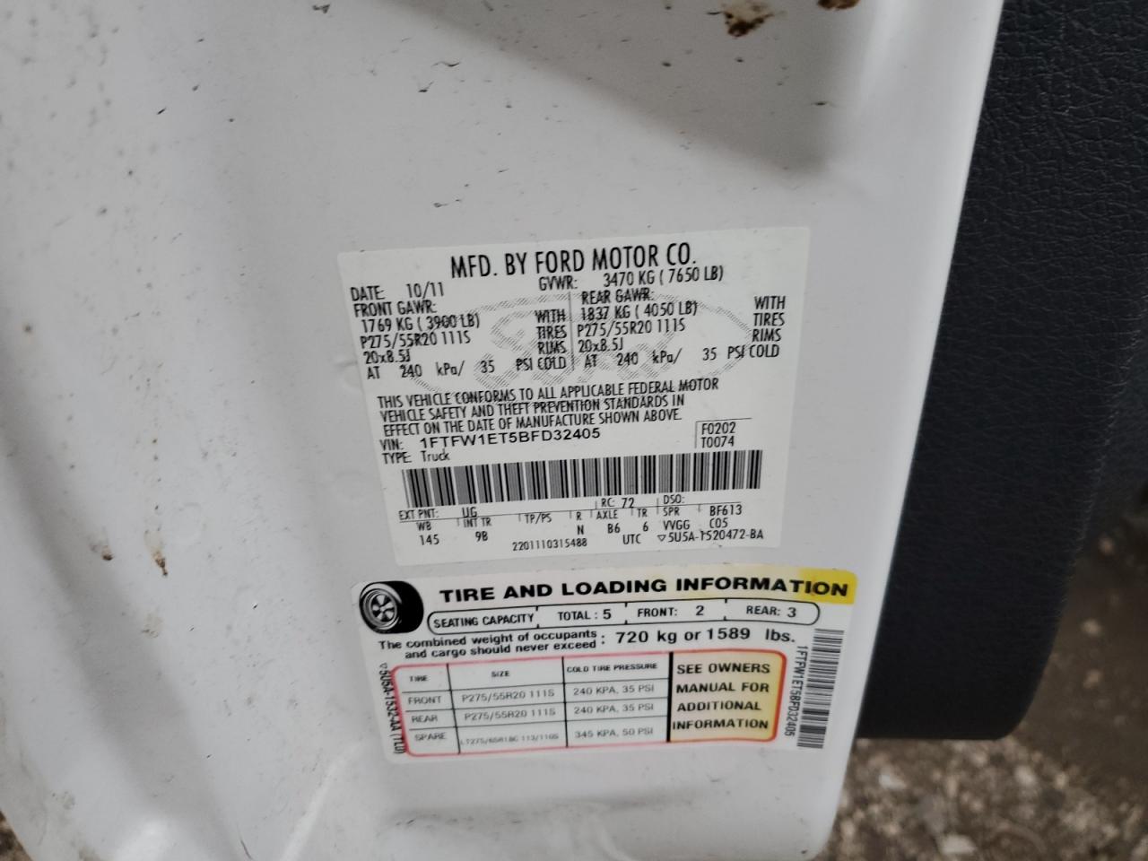 2011 Ford F-150 VIN 1FTFW1ET5BFD32405 Copart auction photo, rear end damage thumbnail 12