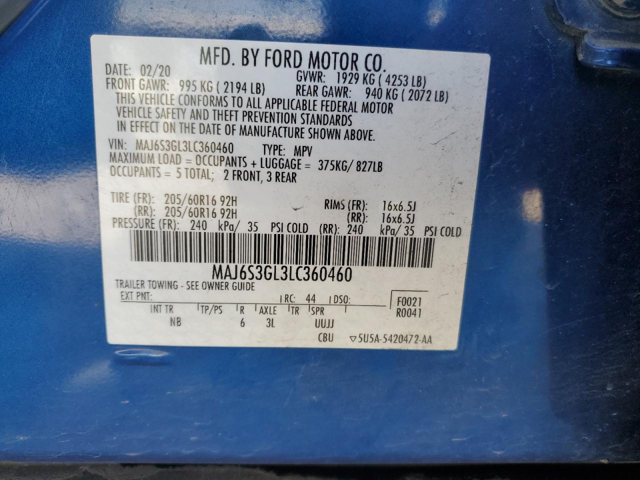 2020 Ford EcoSport VIN MAJ6S3GL3LC360460 Copart auction photo, front end damage thumbnail 15