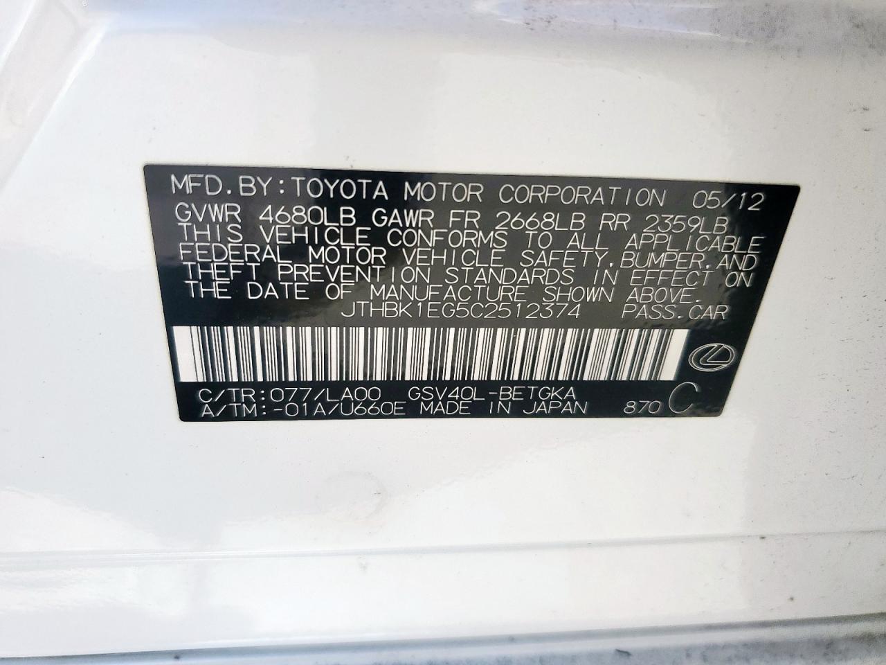 2012 Lexus ES VIN JTHBK1EG5C2512374 Copart auction photo, front end damage thumbnail 14