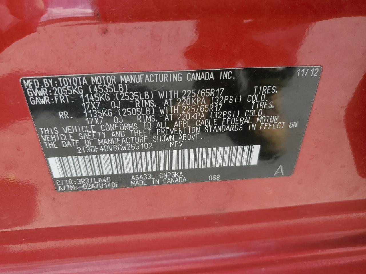 2012 Toyota RAV 4 VIN 2T3DF4DV8CW265102 Copart auction photo, rear end damage thumbnail 12