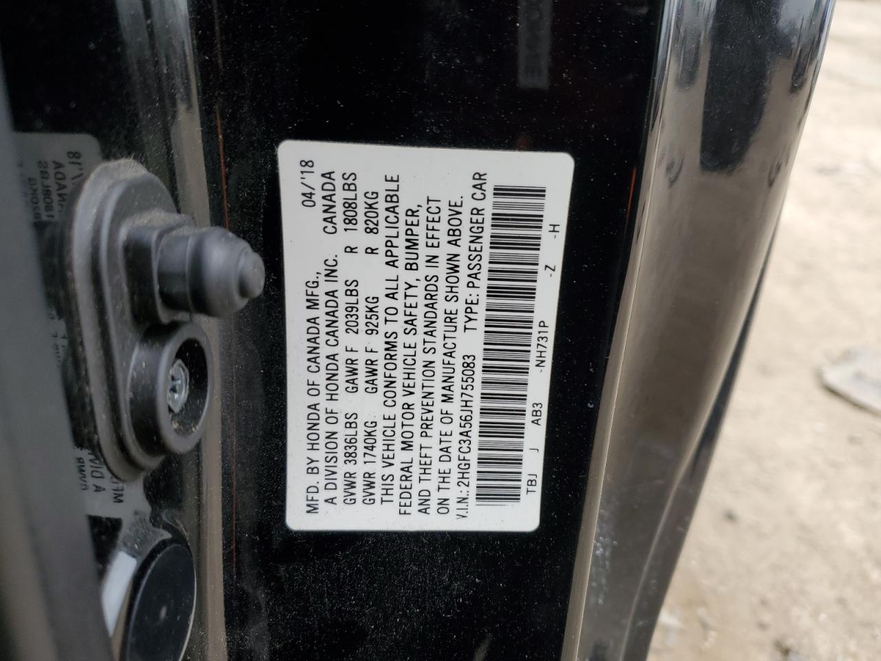 2018 Honda Civic VIN 2HGFC3A56JH755083 Copart auction photo, all over damage thumbnail 12