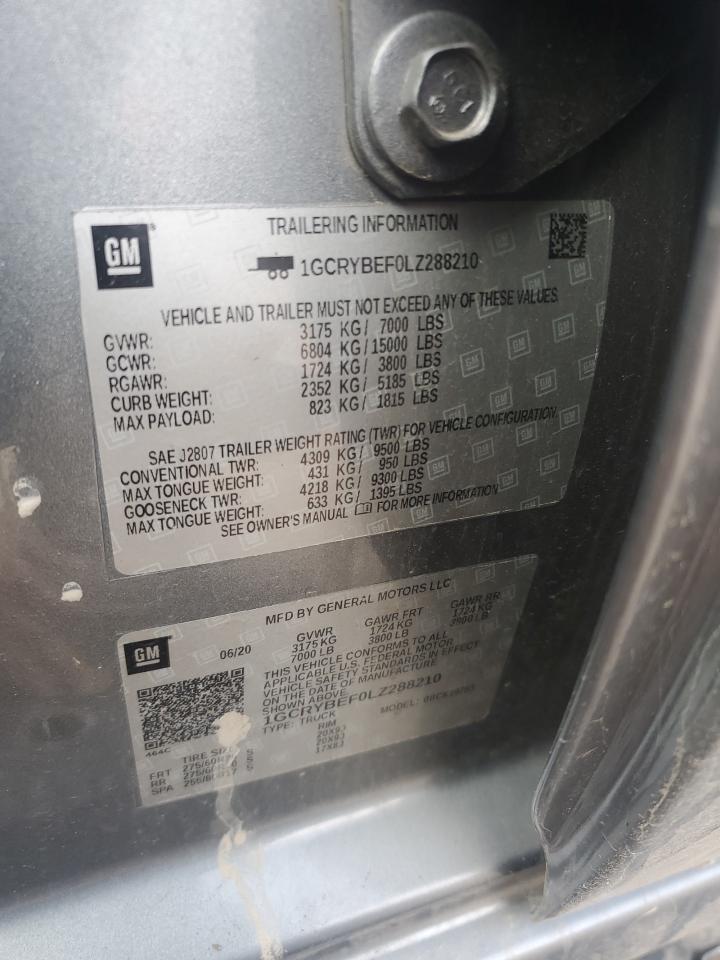 2020 Chevrolet Silverado VIN 1GCRYBEF0LZ288210 Copart auction photo, front end / rear end damage thumbnail 13