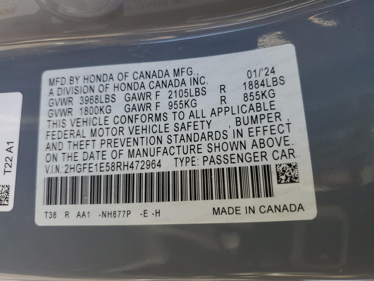 2024 Honda Civic VIN 2HGFE1E58RH472964 Copart auction photo, front end / minor dent/scratches damage thumbnail 12