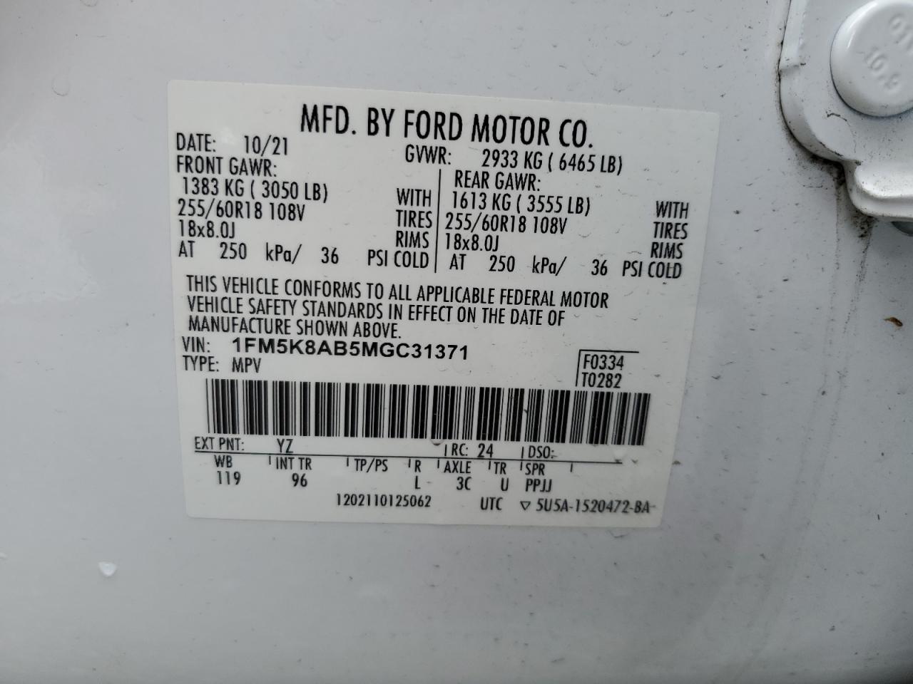 2021 Ford Explorer VIN 1FM5K8AB5MGC31371 Copart auction photo, water/flood damage thumbnail 14