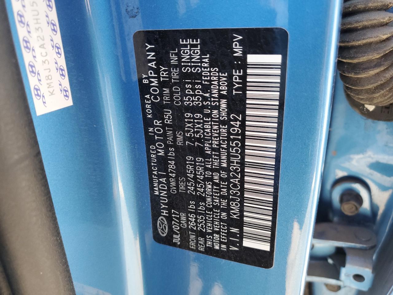 2017 Hyundai Tucson VIN KM8J3CA23HU551942 Copart auction photo, side / front end damage thumbnail 16