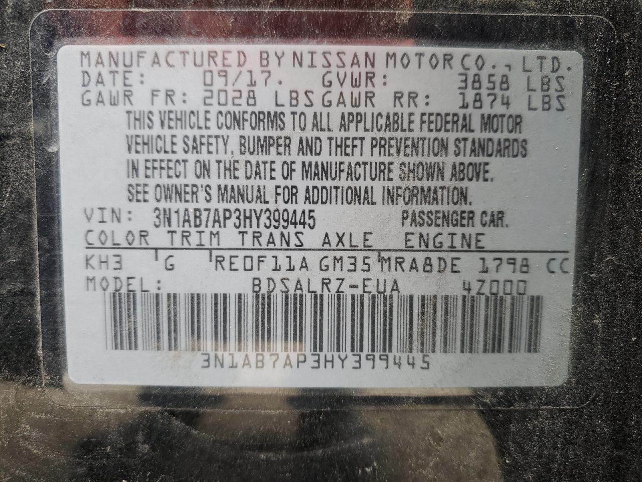 2017 Nissan Sentra VIN 3N1AB7AP3HY399445 Copart auction photo, front end / minor dent/scratches damage thumbnail 15