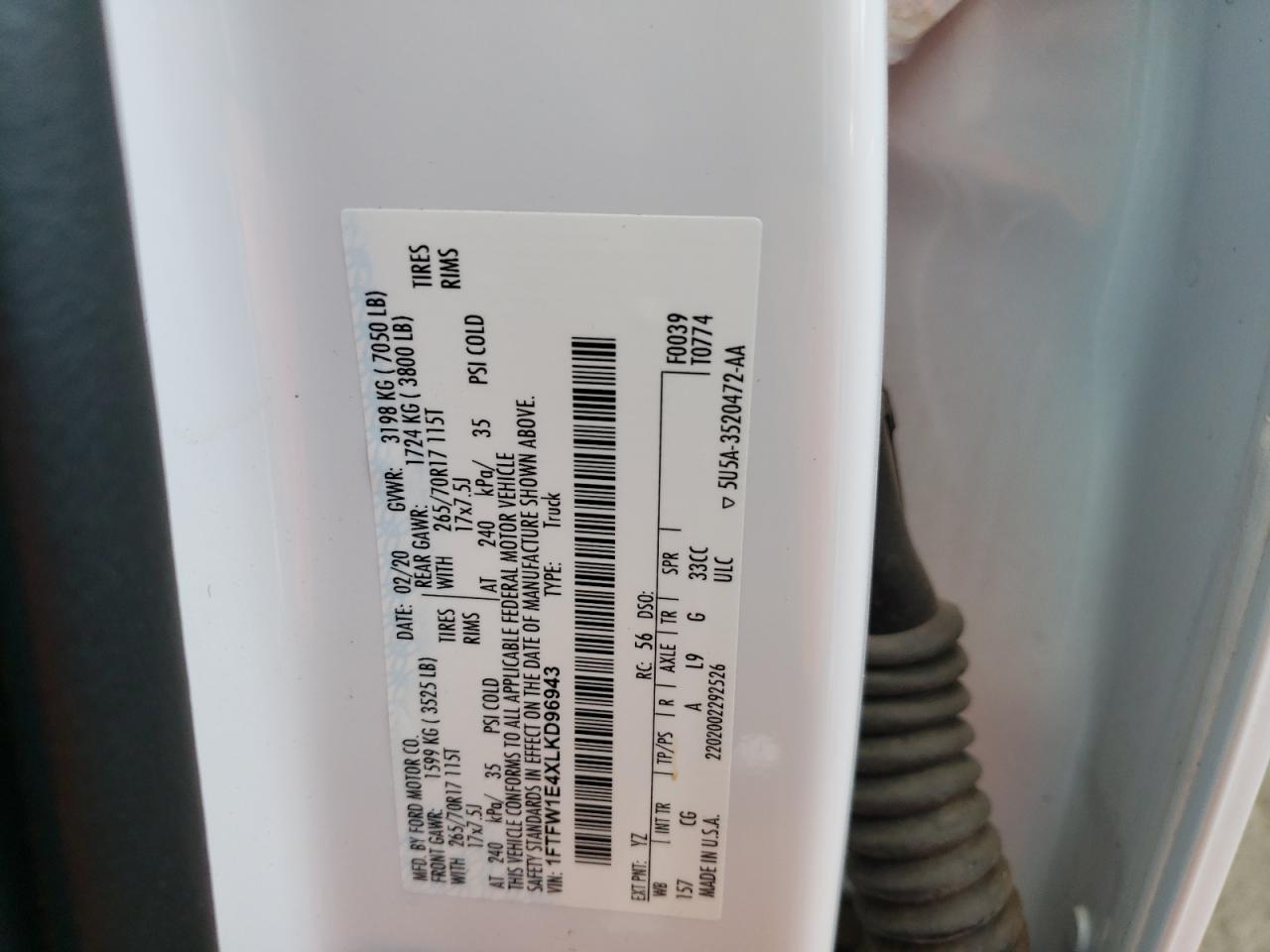 2020 Ford F-150 VIN 1FTFW1E4XLKD96943 Copart auction photo, front end damage thumbnail 12