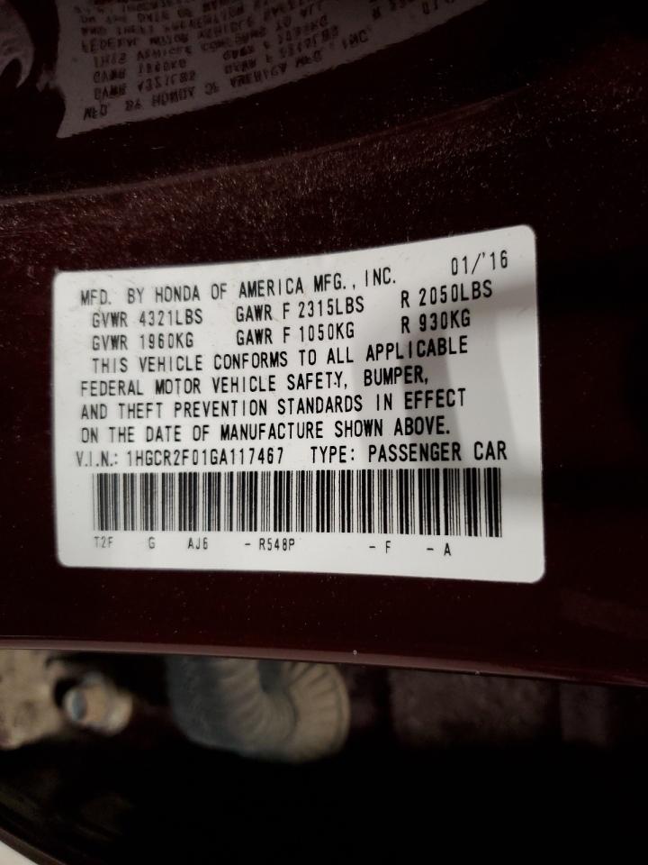2016 Honda Accord VIN 1HGCR2F01GA117467 Copart auction photo, front end damage thumbnail 14