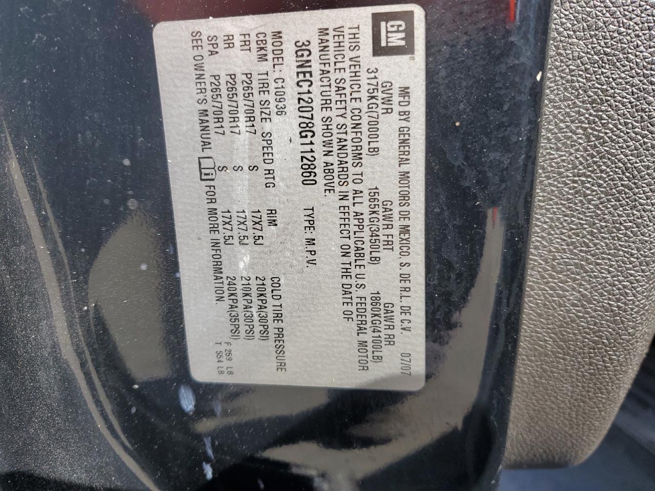 2008 Chevrolet Avalanche VIN 3GNEC12078G112860 Copart auction photo, front end damage thumbnail 14