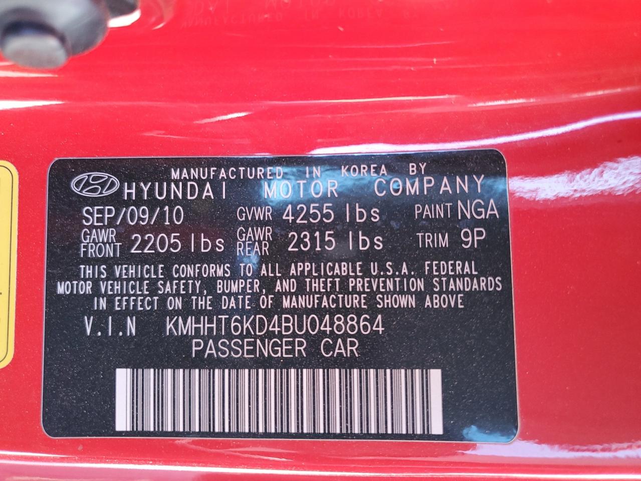 2011 Hyundai Genesis VIN KMHHT6KD4BU048864 Copart auction photo, front end / minor dent/scratches damage thumbnail 12
