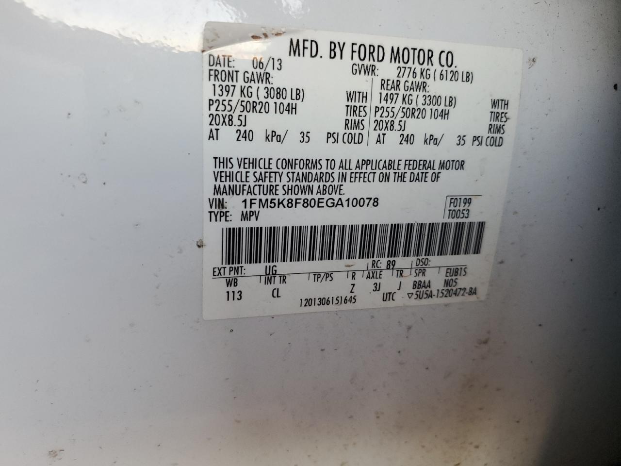 2014 Ford Explorer VIN 1FM5K8F80EGA10078 Copart auction photo, front end / side damage thumbnail 13