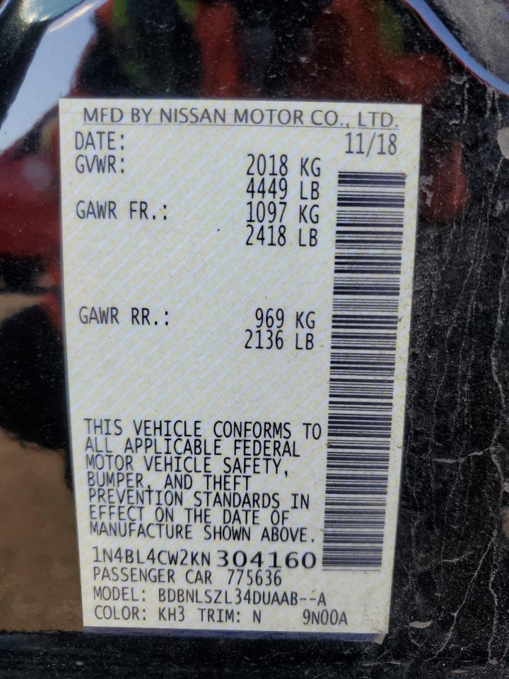 2019 Nissan Altima VIN 1N4BL4CW2KN304160 Copart auction photo, front end / minor dent/scratches damage thumbnail 13