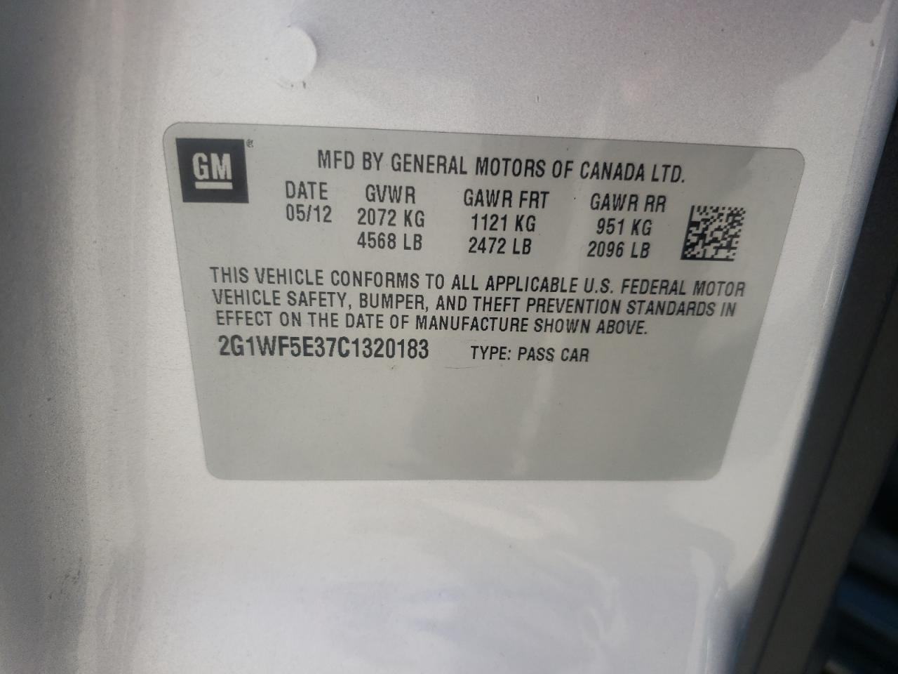 2012 Chevrolet Impala VIN 2G1WC5E3XC1173995 Copart auction photo, front end damage thumbnail 14