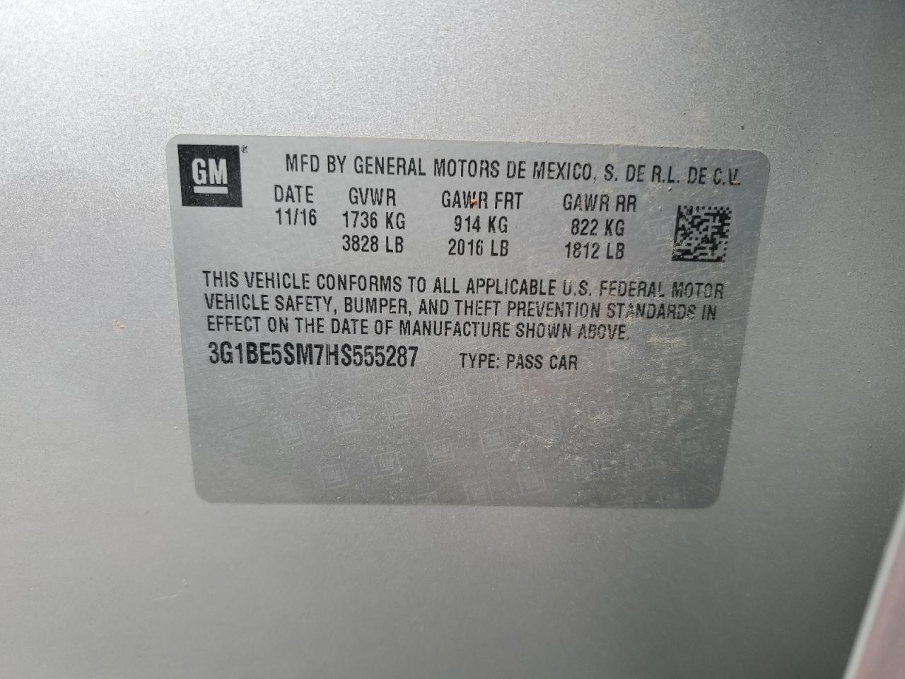 2017 Chevrolet Cruze VIN 3G1BE5SM7HS555287 Copart auction photo, water/flood damage thumbnail 13
