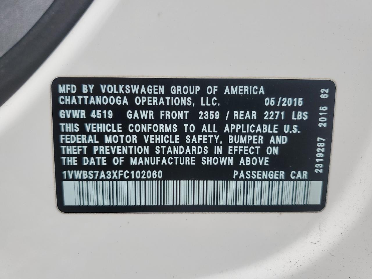 2015 Volkswagen Passat VIN 1VWBS7A3XFC102060 Copart auction photo, front end / rear end damage thumbnail 14