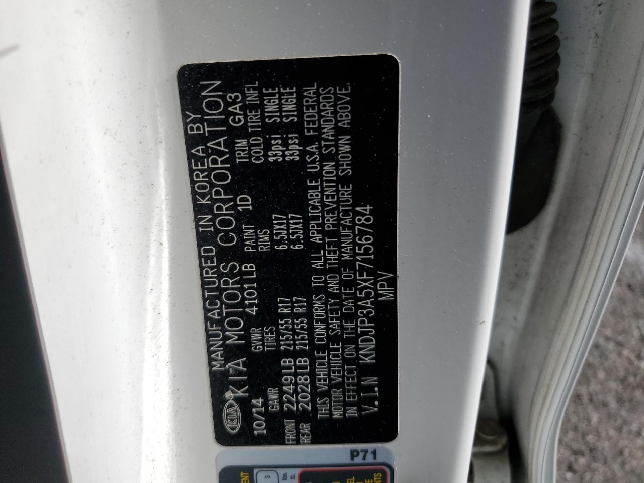 2015 KIA Soul VIN KNDJP3A5XF7156784 Copart auction photo, rear end / side damage thumbnail 12