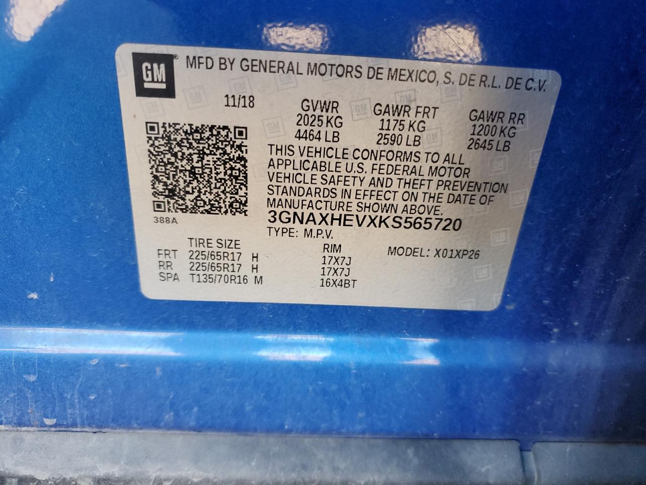 2019 Chevrolet Equinox VIN 3GNAXHEVXKS565720 Copart auction photo, rear end damage thumbnail 15